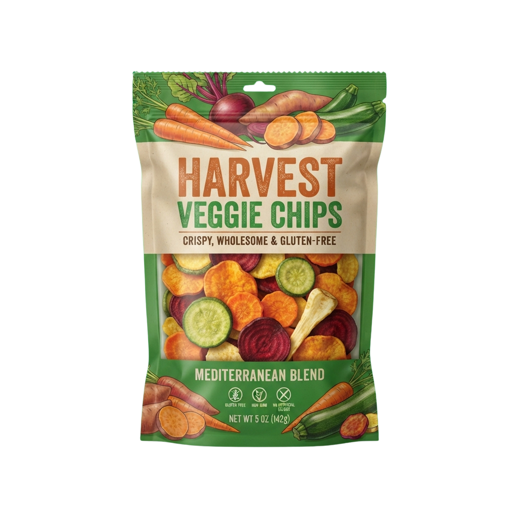 Bag of colorful vegetable chips labeled Harvest Veggie Chips Mediterranean Blend, gluten-free and crispy
