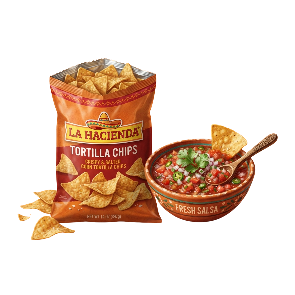 Bag of crispy corn tortilla chips next to a bowl of fresh salsa with a spoonful of salsa on a chip