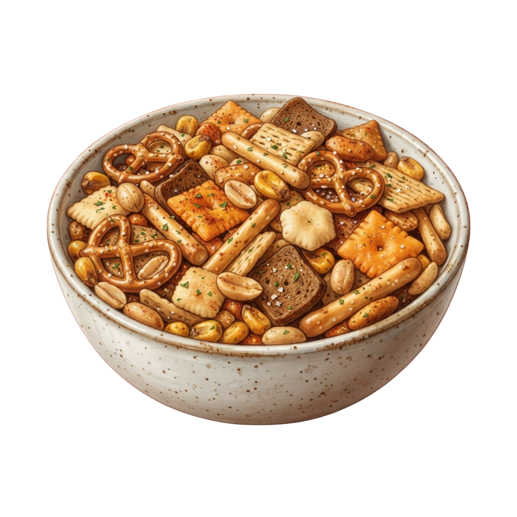 Ceramic bowl filled with a variety of toasted snack items including pretzels, crackers, and bread pieces
