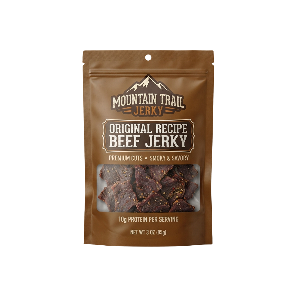 A resealable bag of original recipe beef jerky with visible jerky pieces inside and text indicating 10g protein per serving.