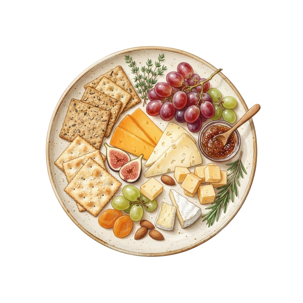 A round platter with crackers, cheeses, grapes, figs, almonds, dried apricots, and a small dip container.