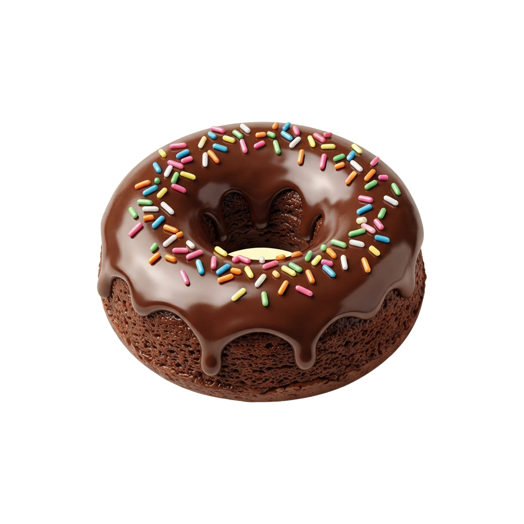 A chocolate-glazed donut with colorful sprinkles and a drippy glaze appearance