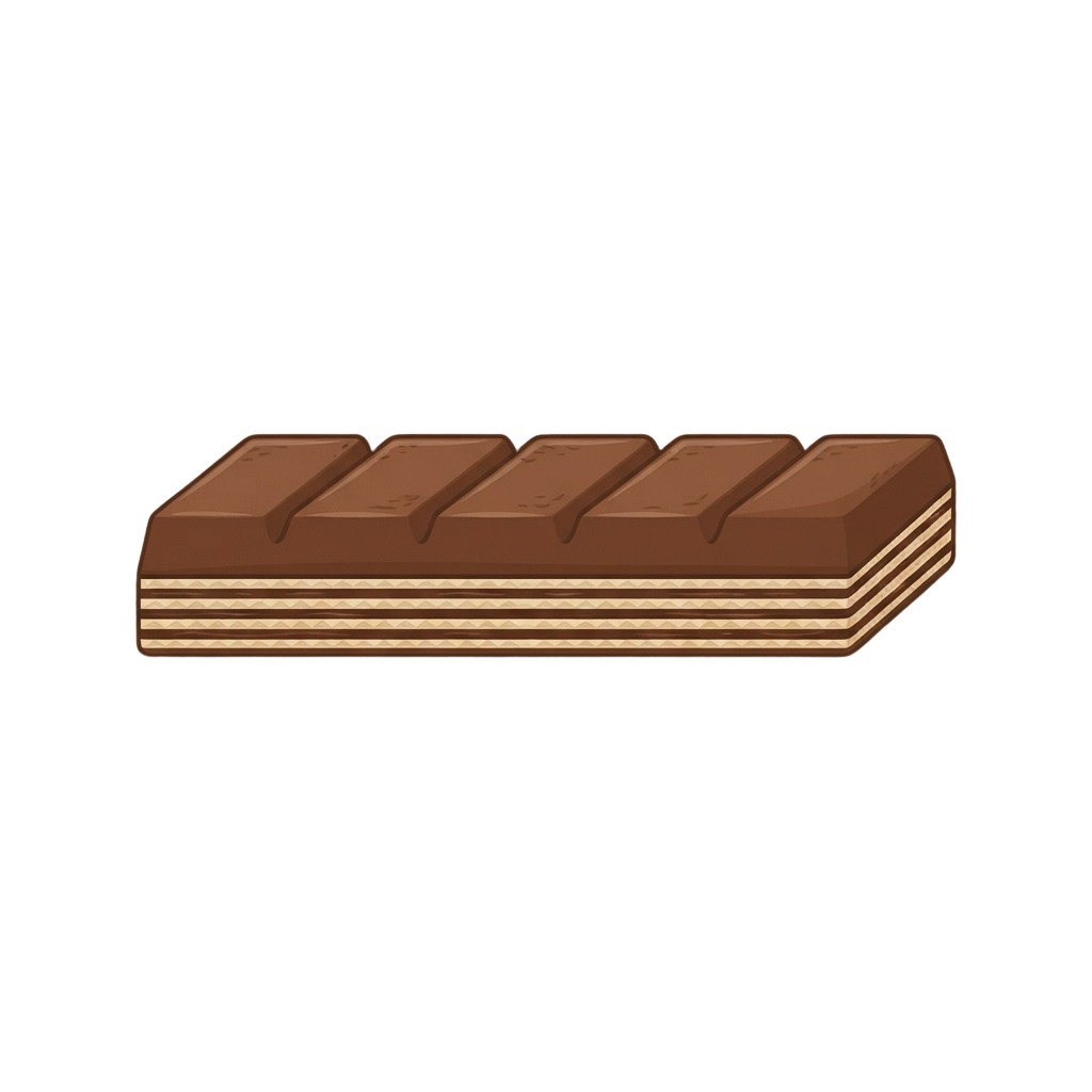 A rectangular chocolate bar with a smooth dark brown top and visible striped layers underneath