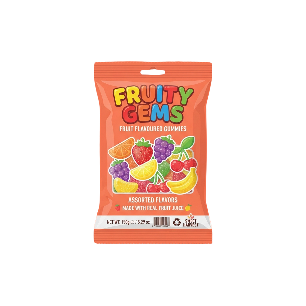 Bright orange bag of assorted fruit-flavored gummy candies with colorful fruit graphics and text.