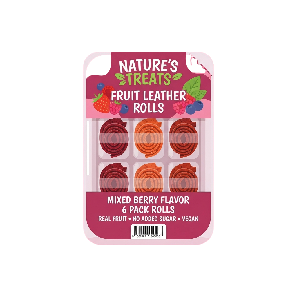 Pack of six mixed berry flavor fruit leather rolls with real fruit and no added sugar.