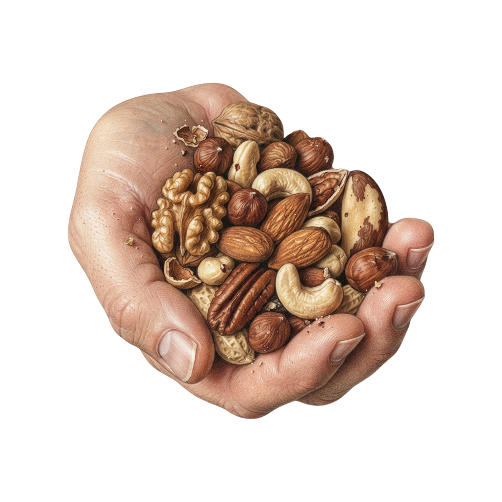 A hand holding a variety of raw nuts including almonds, walnuts, pecans, cashews, and hazelnuts