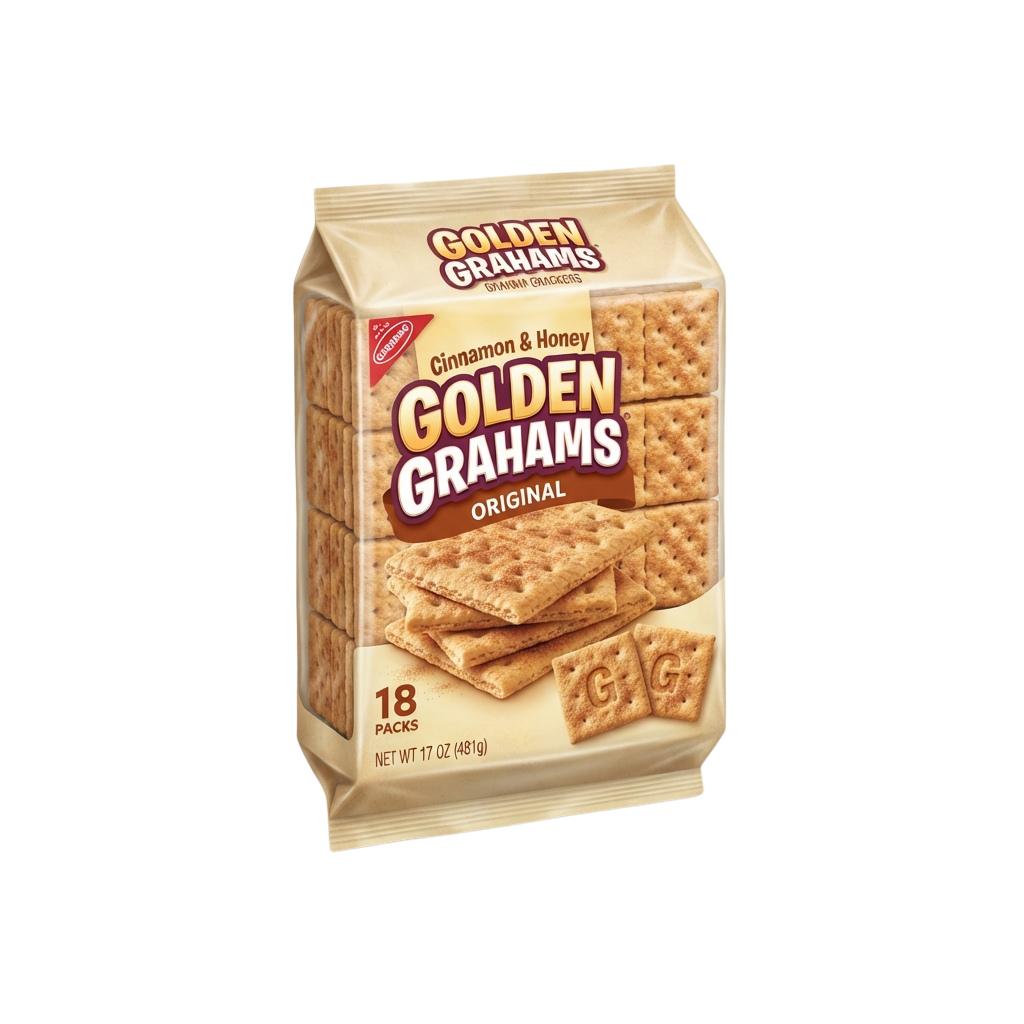 Bag of original cinnamon and honey flavored graham crackers with 18 packs inside.