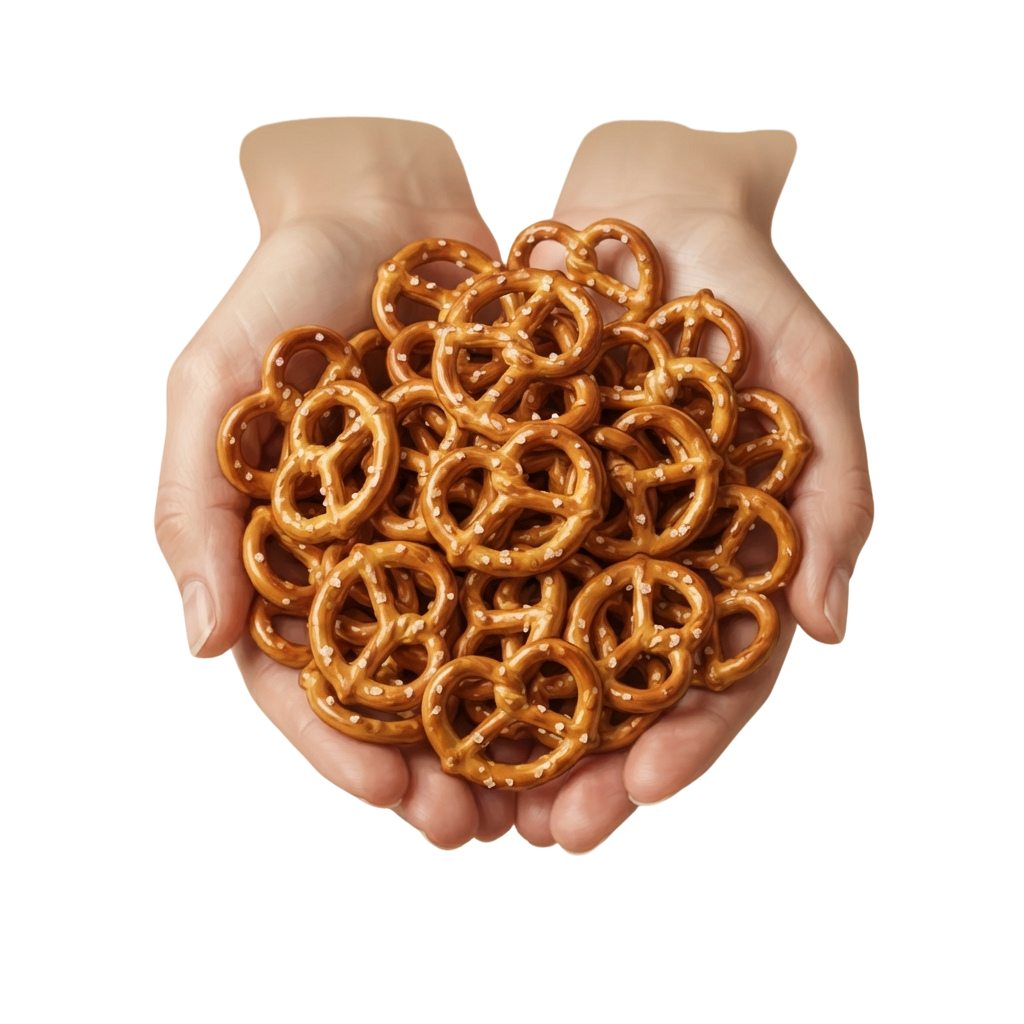 Two hands cupping a pile of golden-brown soft pretzel snacks.