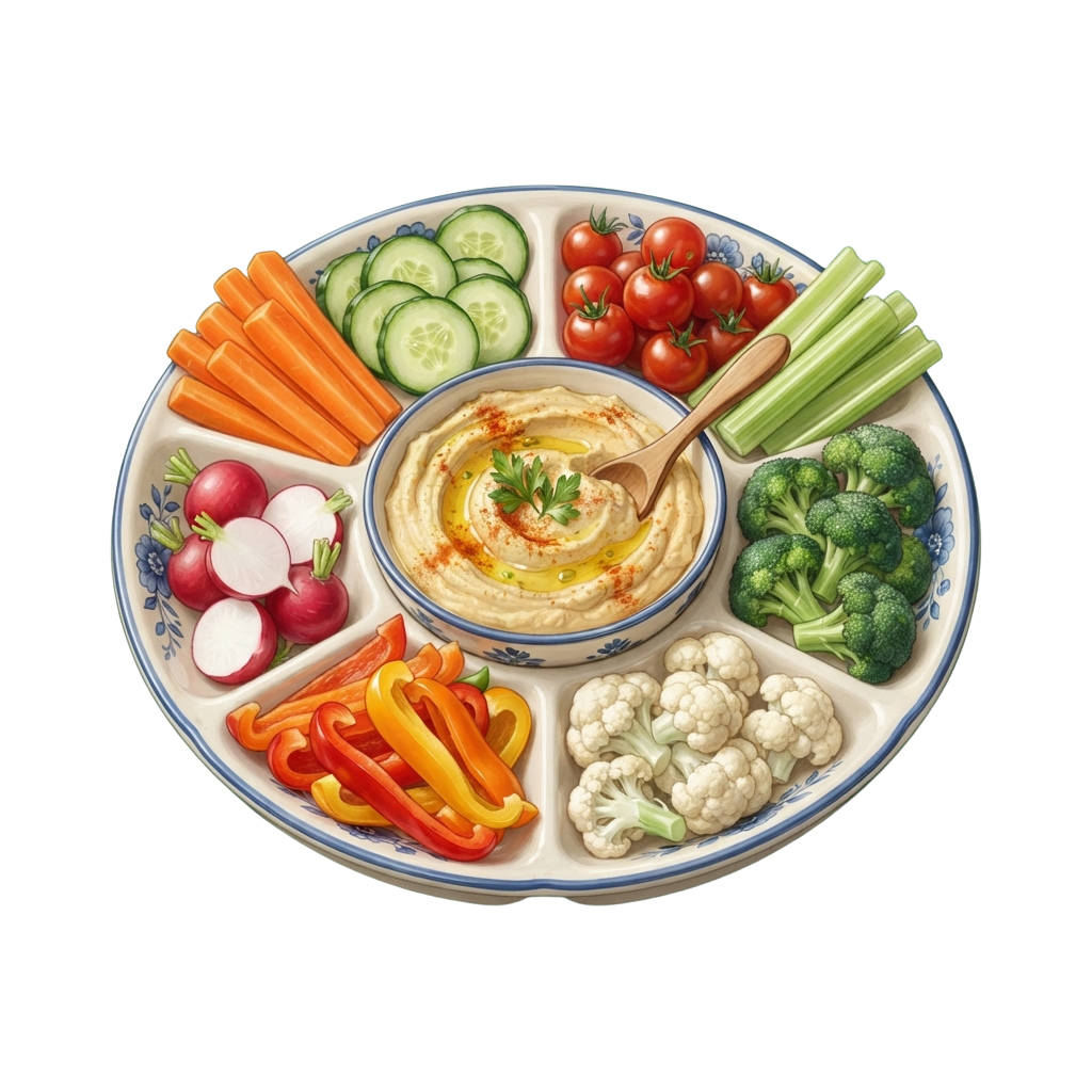 A divided plate with fresh vegetables and hummus in the center