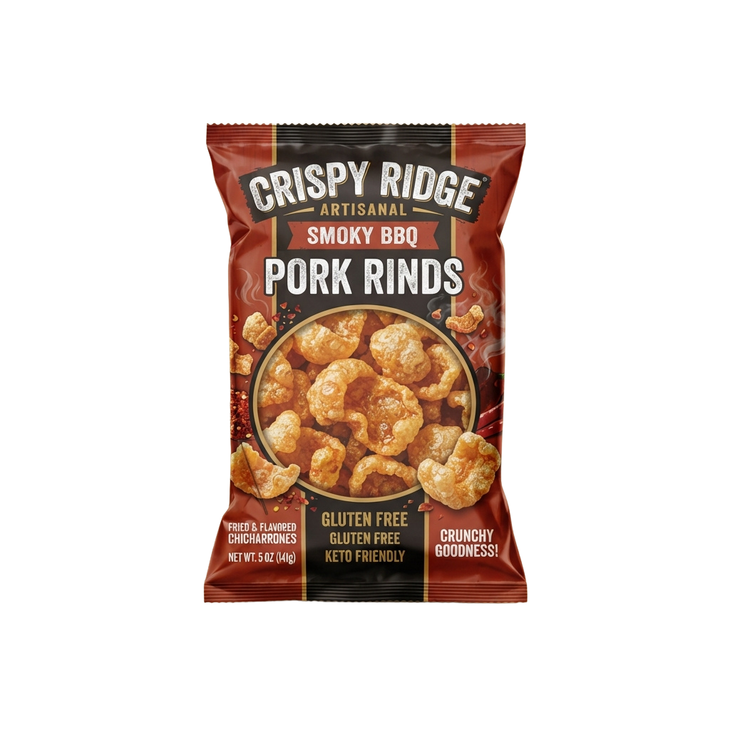 Bag of smoky BBQ flavored pork rinds labeled gluten free and keto friendly, showing fried and flavored chicharrones.