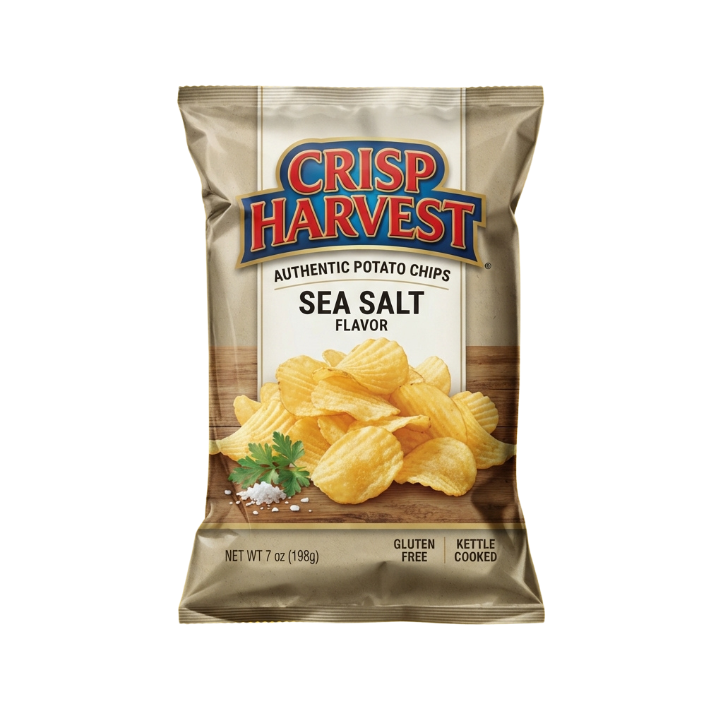 Bag of sea salt flavored potato chips with a rustic design showing chips and salt grains.