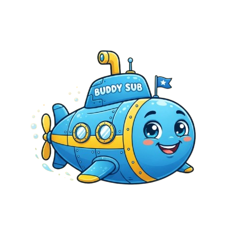 A cheerful cartoon submarine with a smiling face, labeled Buddy Sub, moving through water with bubbles
