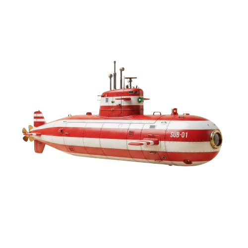 A detailed model submarine painted red and white with the label SUB-01 on its side.