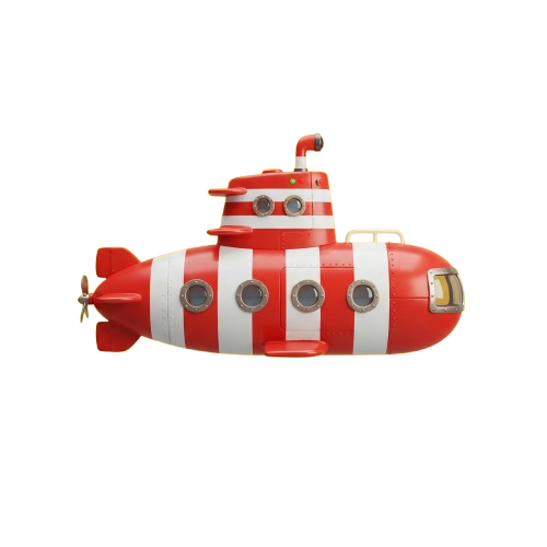 A colorful toy submarine with red and white stripes and circular windows