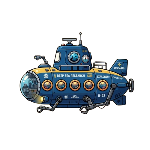 Illustration of a deep-sea research submarine labeled Explorer 1 with control panels and depth rating of 4000m