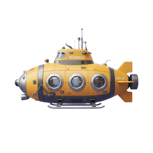 A detailed illustration of a yellow research submarine with three observation windows and a research label on top
