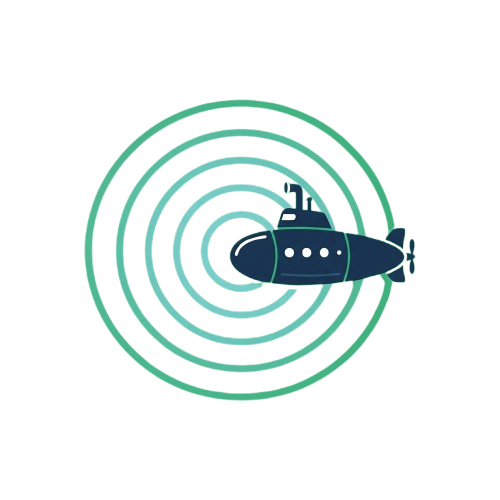 A submarine emitting concentric sonar waves against a black background