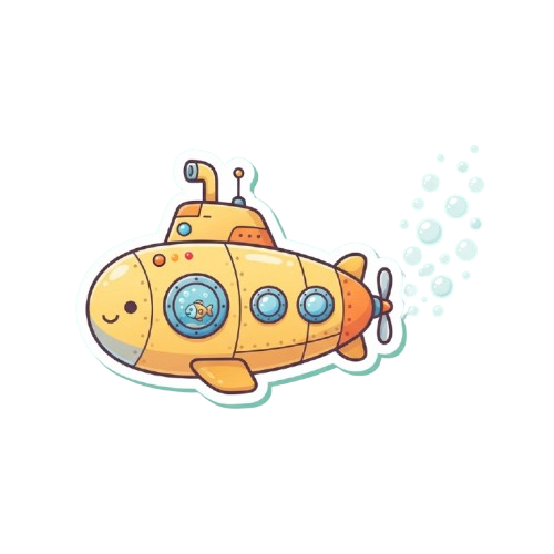 A cheerful cartoon submarine with bubbles rising from its back, set against a black background.