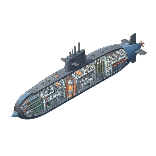 A detailed cutaway diagram of a nuclear-powered submarine showing internal components and structure