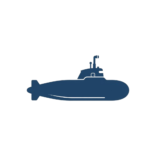 A sleek, blue submarine with a conning tower and periscope depicted in a side view against a dark background