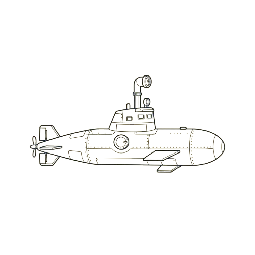 A detailed line drawing of a classic submarine viewed from the side, showing its conning tower and propeller.