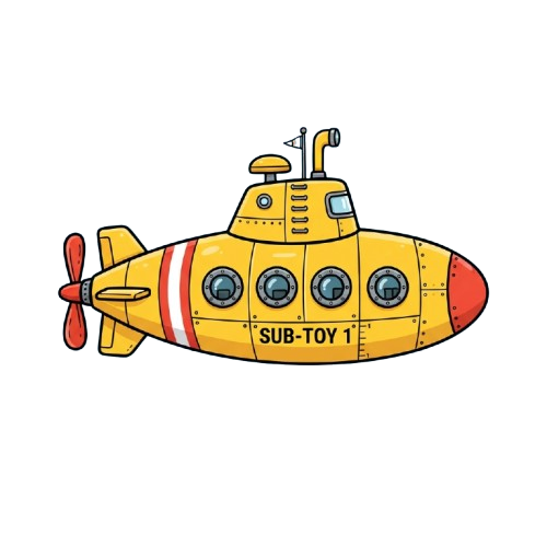 Bright yellow cartoon submarine with red accents and propellers, labeled Sub-Toy 1