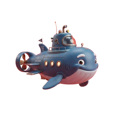 A playful cartoon whale with a submarine body, glowing lights, and a periscope on top.