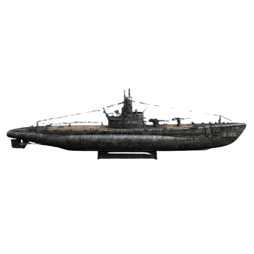 A detailed model of a vintage military submarine with a weathered metal texture, viewed from the side.