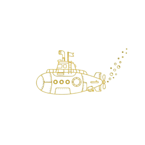 A stylized yellow submarine surfacing with bubbles trailing behind it against a black background