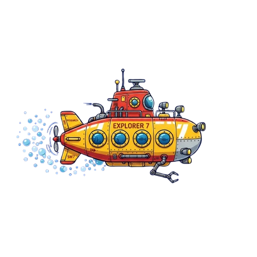 A colorful, retro-style submarine labeled Explorer 7 moving through water with bubbles trailing behind it.