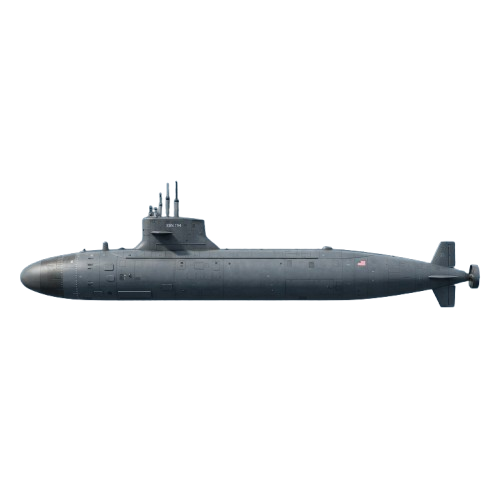 A side view illustration of a gray nuclear submarine with a streamlined hull and conning tower.