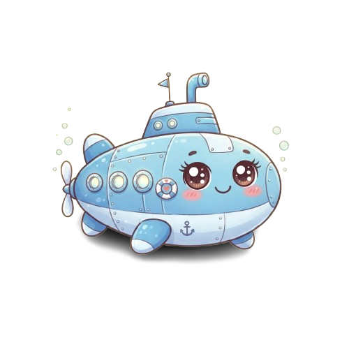 A cheerful cartoon submarine with a smiling face, bubbles, and a propeller moving through water.