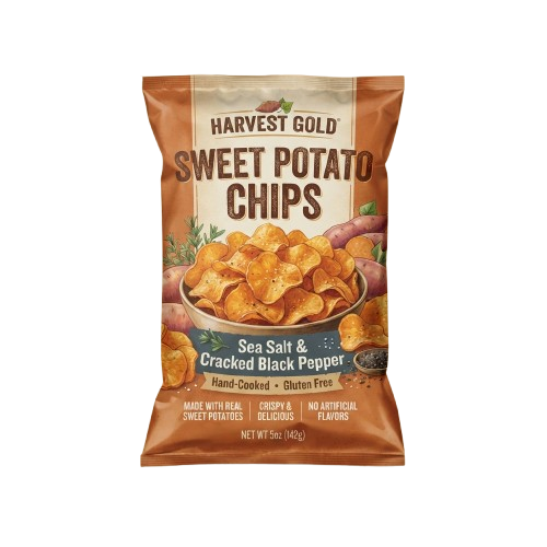 Bag of sweet potato chips seasoned with sea salt and cracked black pepper.