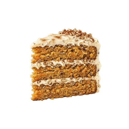 A close-up of a layered carrot cake slice topped with cream cheese frosting and chopped nuts