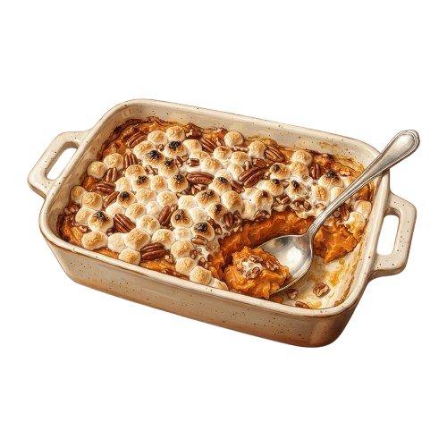 A rectangular baking dish filled with a gooey s'mores casserole topped with marshmallows, chocolate, and pecans, served with a metal spoon.