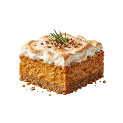 A square slice of caramel cake topped with whipped cream and a sprinkle of crushed nuts, garnished with rosemary.