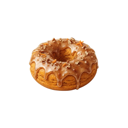 A golden caramel glazed donut with a crunchy topping drizzled with caramel sauce