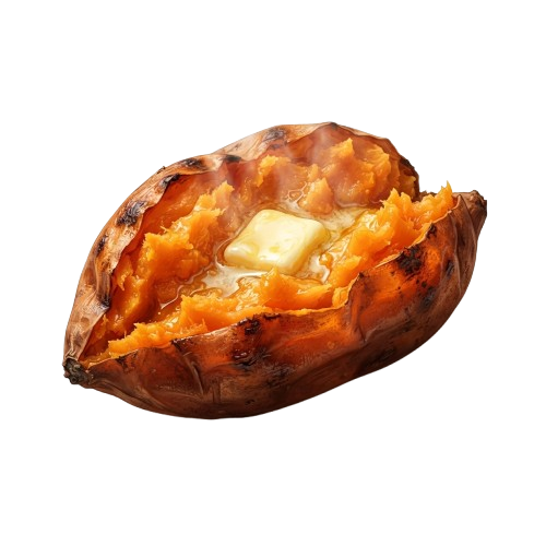 A baked sweet potato with a slice of butter and shredded carrots inside.