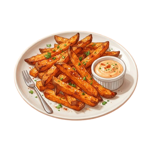 A white plate with golden roasted fries garnished with parsley, a fork, and a small bowl of dipping sauce