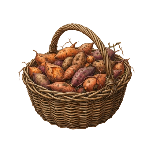 A woven basket filled with sweet potatoes displayed against a dark background
