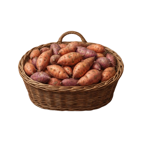 A woven basket filled with sweet potatoes of reddish-brown color.