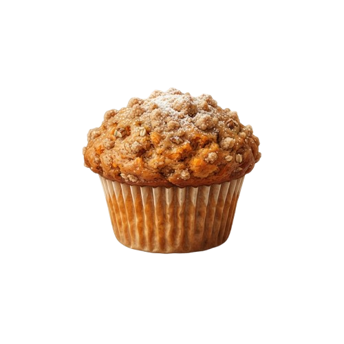 A golden-brown muffin with a crumbly streusel topping in a paper liner against a dark background