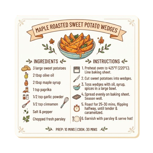 Recipe card for maple roasted sweet potato wedges with ingredients and step-by-step instructions