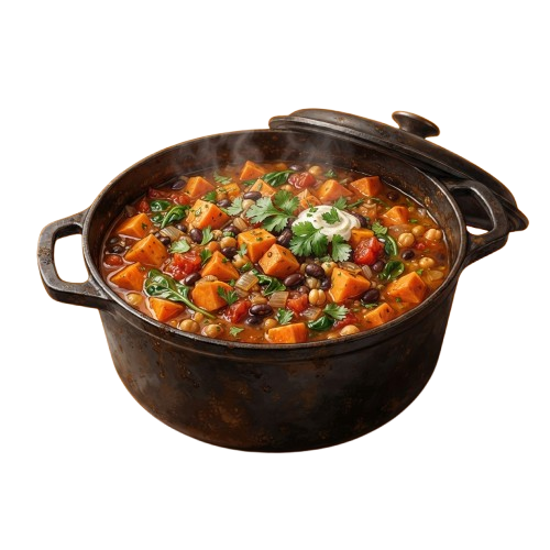 A cast iron pot filled with vegetable chili topped with sour cream and garnished with cilantro