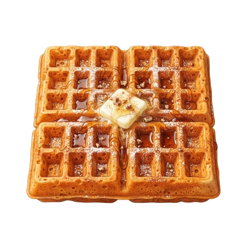 Golden-brown waffles topped with melted butter and syrup
