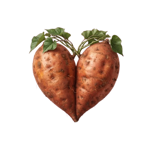 Two sweet potatoes arranged in a heart shape with green leaves attached against a black background
