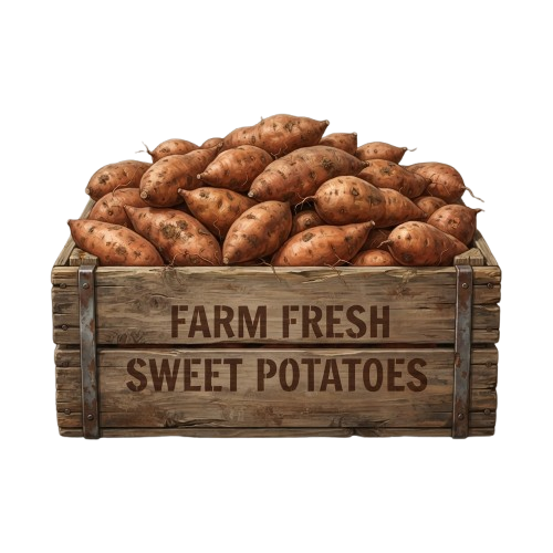 Wooden crate filled with fresh sweet potatoes labeled Farm Fresh Sweet Potatoes