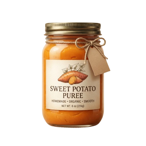 Glass jar of sweet potato puree with a label reading homemade organic smooth puree, tied with a twine and tag