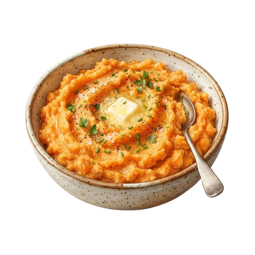 A bowl of creamy orange sweet potato mash topped with butter and parsley garnish, served with a spoon.