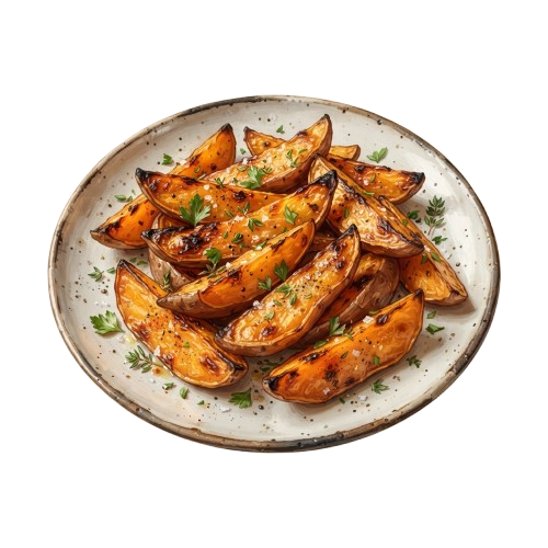 A white plate with roasted sweet potato wedges garnished with green herbs on a dark background